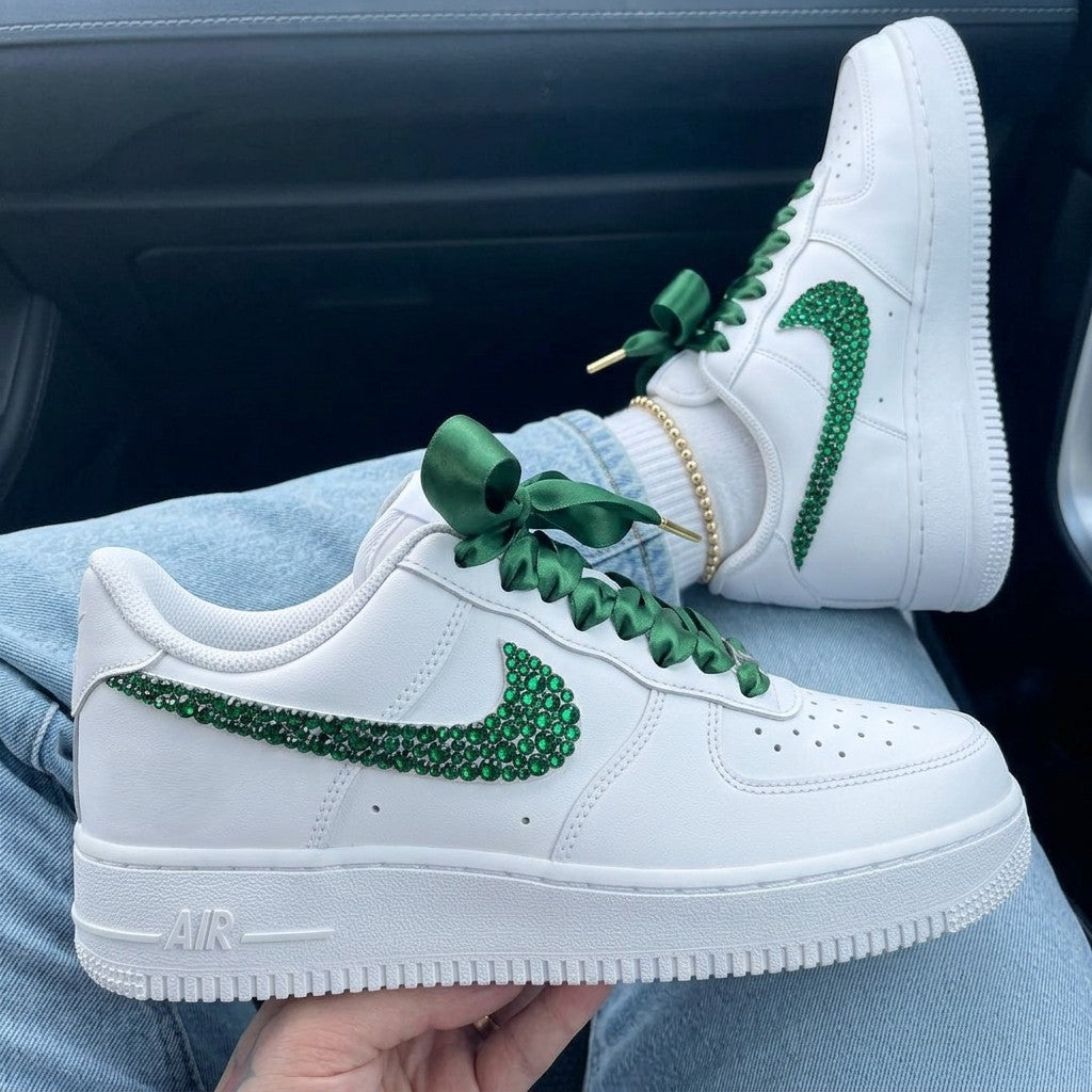 Weeding Custom Air Force 1 Green Rhinestones Swoosh Green Satin Laces Bows