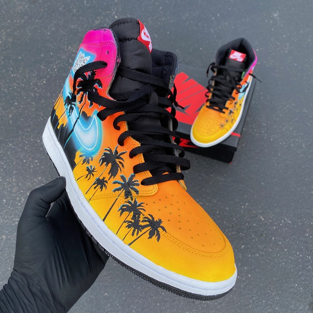 Custom Air Jordan 1 Hand Painted Glowing Miami Palm Trees