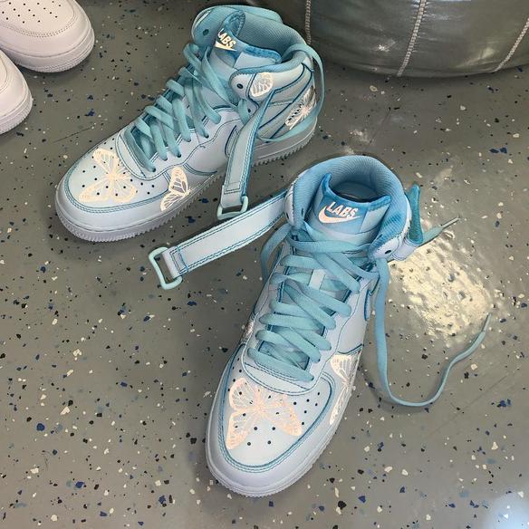 Custom Air Force 1 Mid Icy Blue 3M Black Butterfly