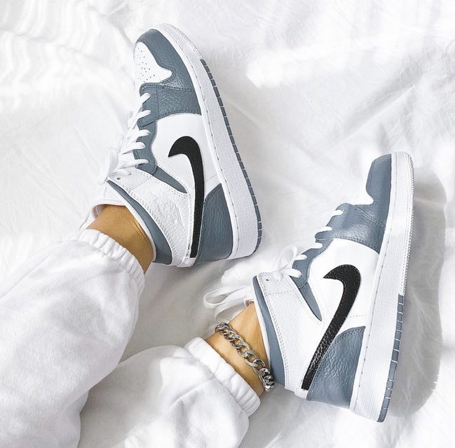 Custom Air Jordan 1 White Swoosh Grey Sneakers