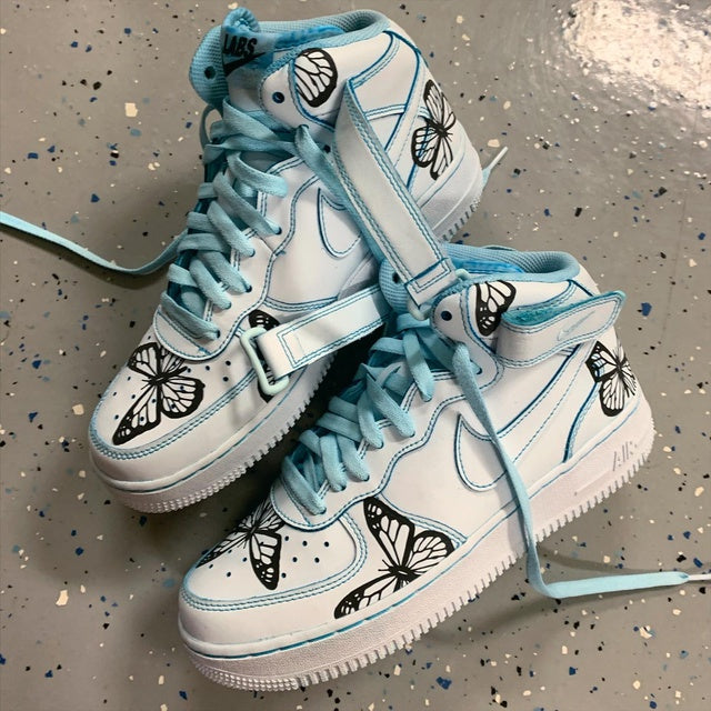 Custom Air Force 1 Mid Icy Blue 3M Black Butterfly