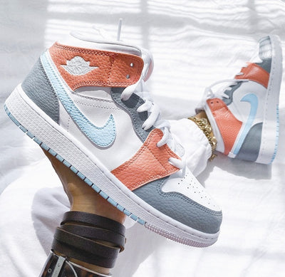 Custom Air Jordan 1 Mid Baby Blue Swoosh Orange Grey