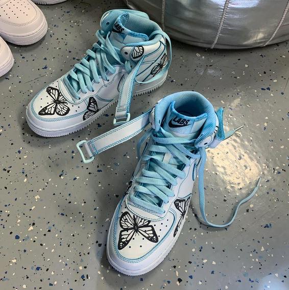 Custom Air Force 1 Mid Icy Blue 3M Black Butterfly