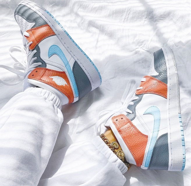 Custom Air Jordan 1 Mid Baby Blue Swoosh Orange Grey