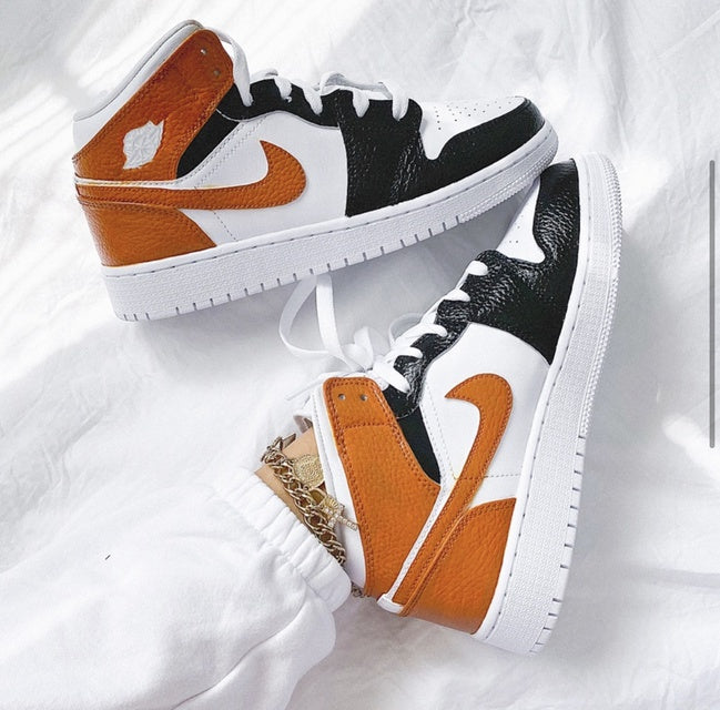 Custom Air Jordan 1 White Swoosh Tan Sneakers