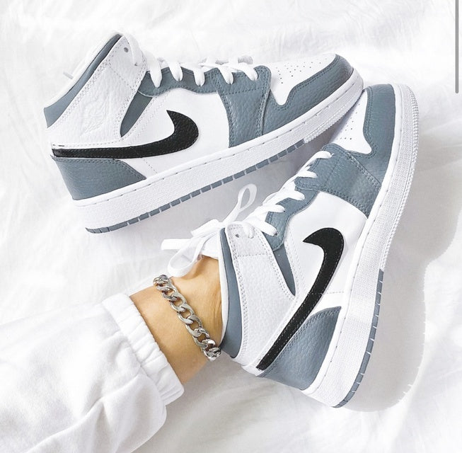 Custom Air Jordan 1 White Swoosh Grey Sneakers