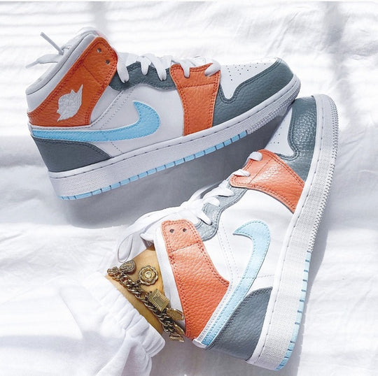 Custom Air Jordan 1 Mid Baby Blue Swoosh Orange Grey