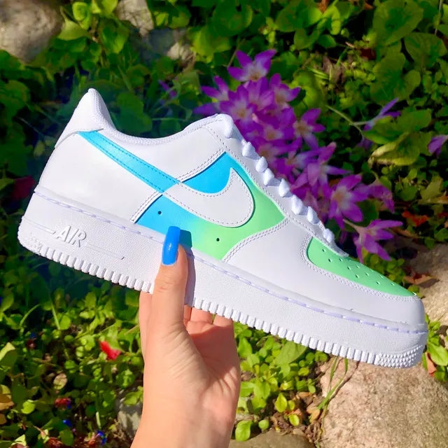 Custom Air Force 1 Green Blue Checkered Ombre 🧚🏻