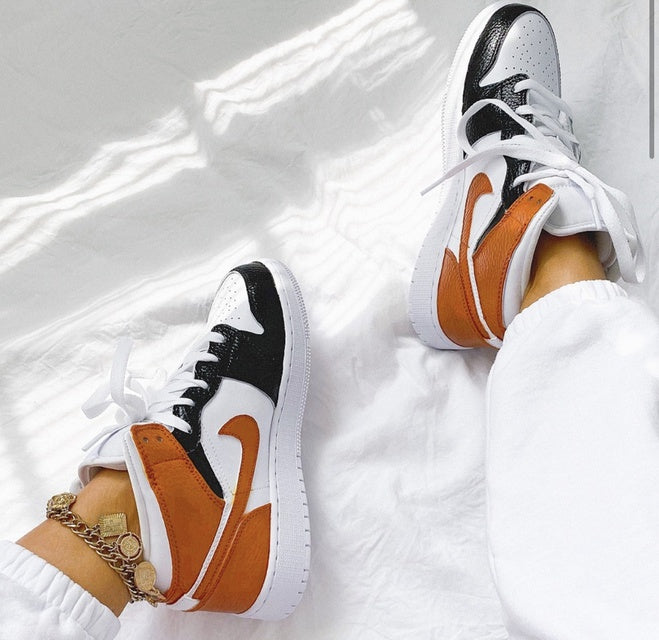 Custom Air Jordan 1 White Swoosh Tan Sneakers