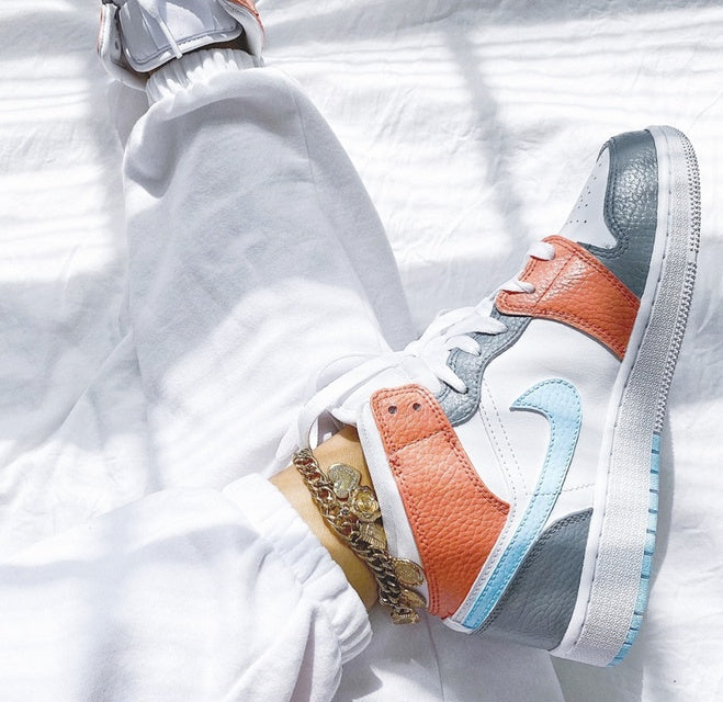 Custom Air Jordan 1 Mid Baby Blue Swoosh Orange Grey