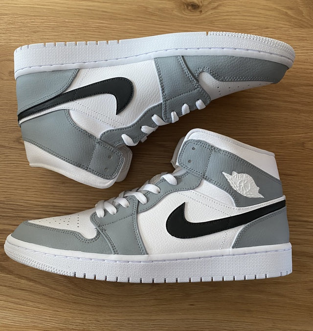 Custom Air Jordan 1 Mid Light Grey Black Swoosh