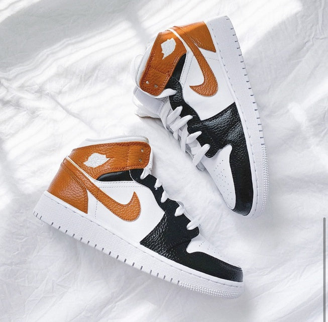 Custom Air Jordan 1 White Swoosh Tan Sneakers