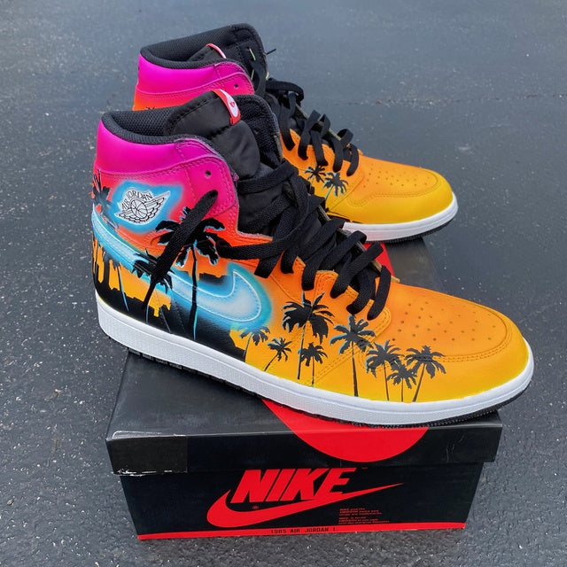 Custom Air Jordan 1 Hand Painted Glowing Miami Palm Trees