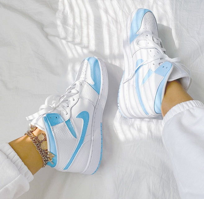 Custom Air Jordan 1 White Swoosh Baby Blue Sneakers