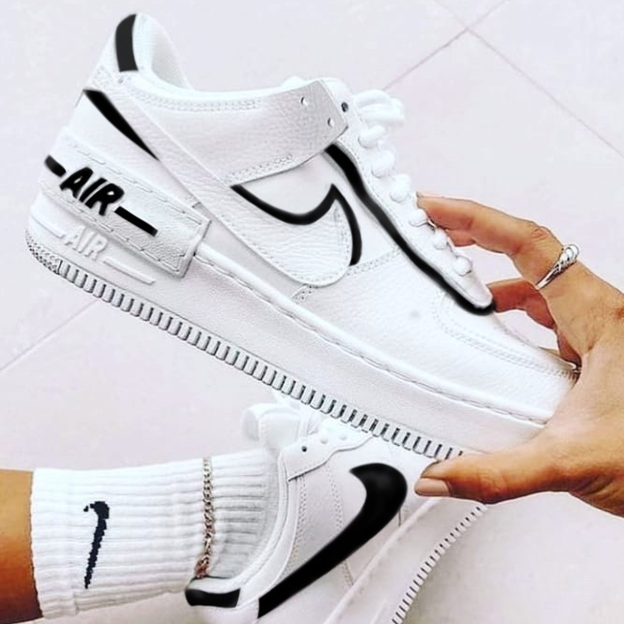 White Black Shadow Air Force 1 Custom Shoes Sneakers Hand Painted Gift