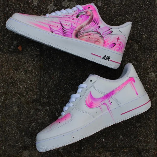 Custom Nike Air Force 1 Pink Graffiti Flamingo unique and handpainted Sneaker Art