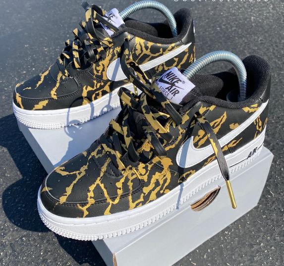 Custom Air Force 1 Hand Painted Black & Gold Marble