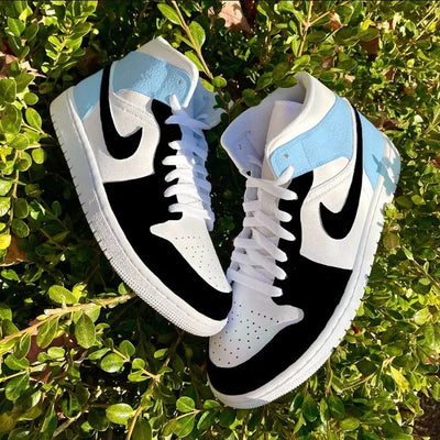 Custom Air Jordan 1 Mid Blue Chill Inspired Black Baby Blue Colorblock 🌸