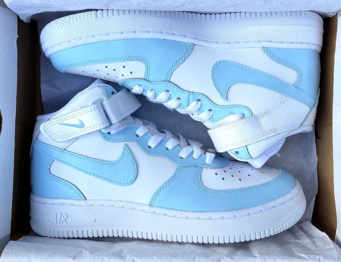 Baby Blue and Pink Custom Air Force 1 Sneakers. Low Mid High 