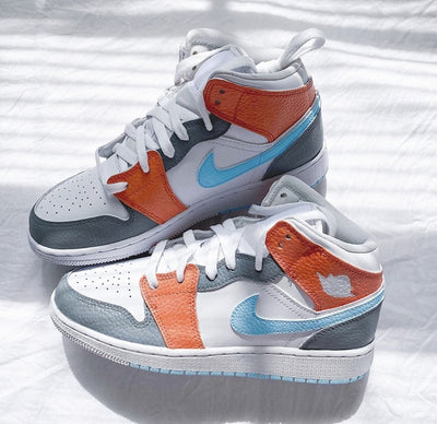 Custom Air Jordan 1 Mid Baby Blue Swoosh Orange Grey