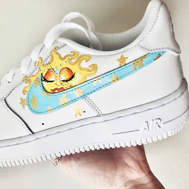 Custom Air Force 1 Metallic Gold Suns Stars With Baby Blue Swooshes