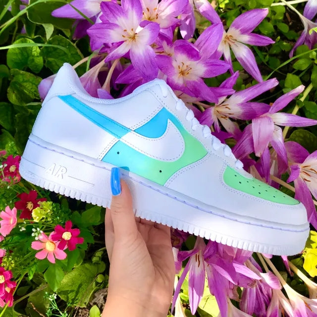 Custom Air Force 1 Green Blue Checkered Ombre 🧚🏻