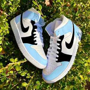 Custom Air Jordan 1 Mid Black & Baby Blue Colorblock 🌸