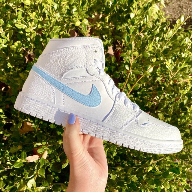 Custom Air Jordan 1 Mid Baby Blue Swoosh 💙