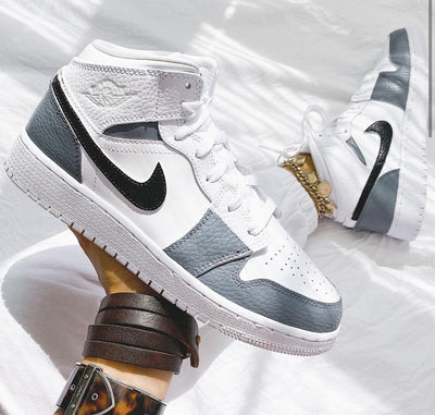 Custom Air Jordan 1 White Swoosh Grey Sneakers